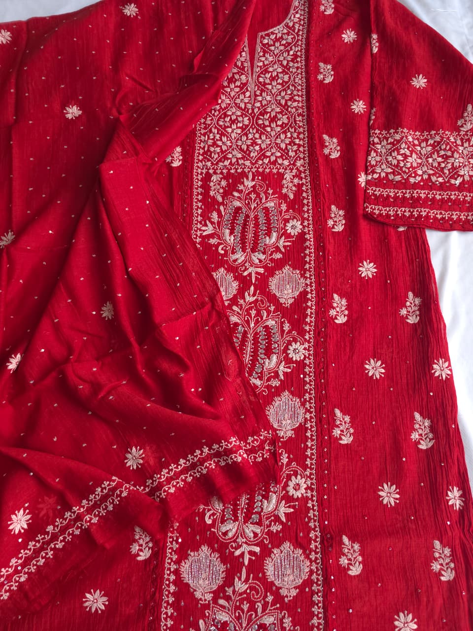 Deep Blood Red Semistitched Mul chanderi kurta dupatta with Butterfly motifs