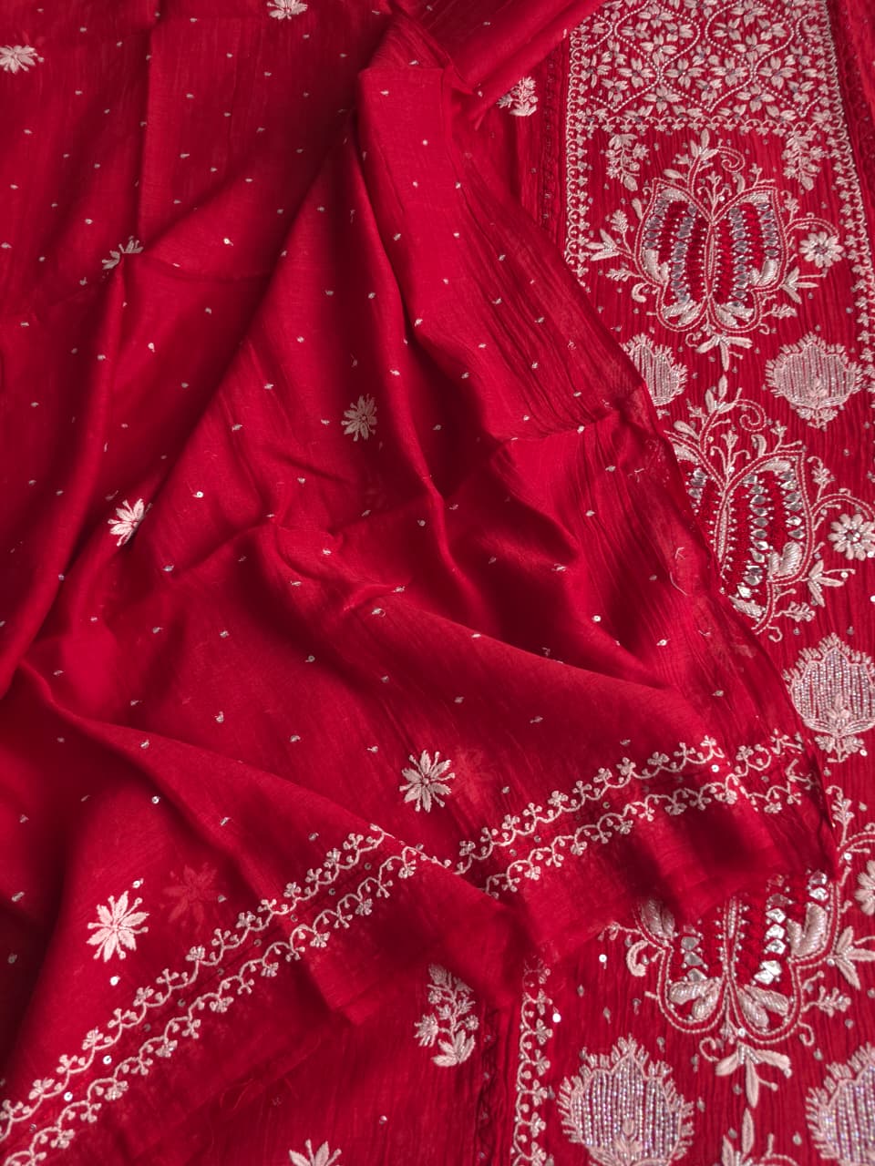 Deep Blood Red Semistitched Mul chanderi kurta dupatta with Butterfly motifs