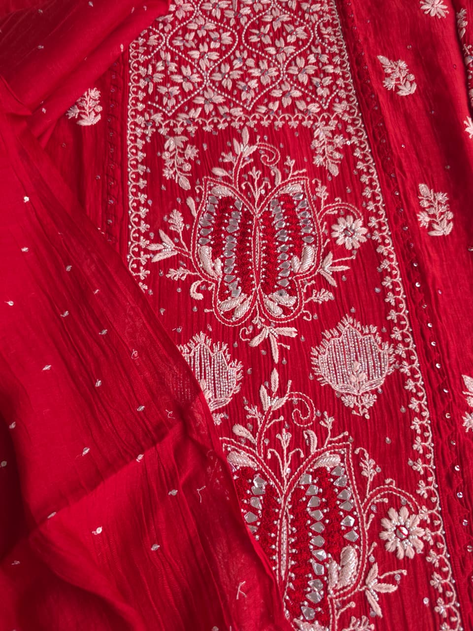 Deep Blood Red Semistitched Mul chanderi kurta dupatta with Butterfly motifs