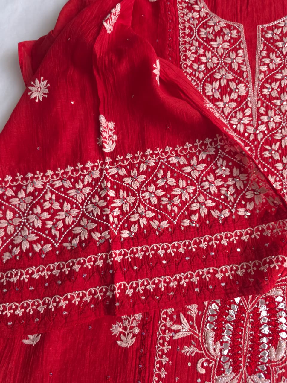 Deep Blood Red Semistitched Mul chanderi kurta dupatta with Butterfly motifs