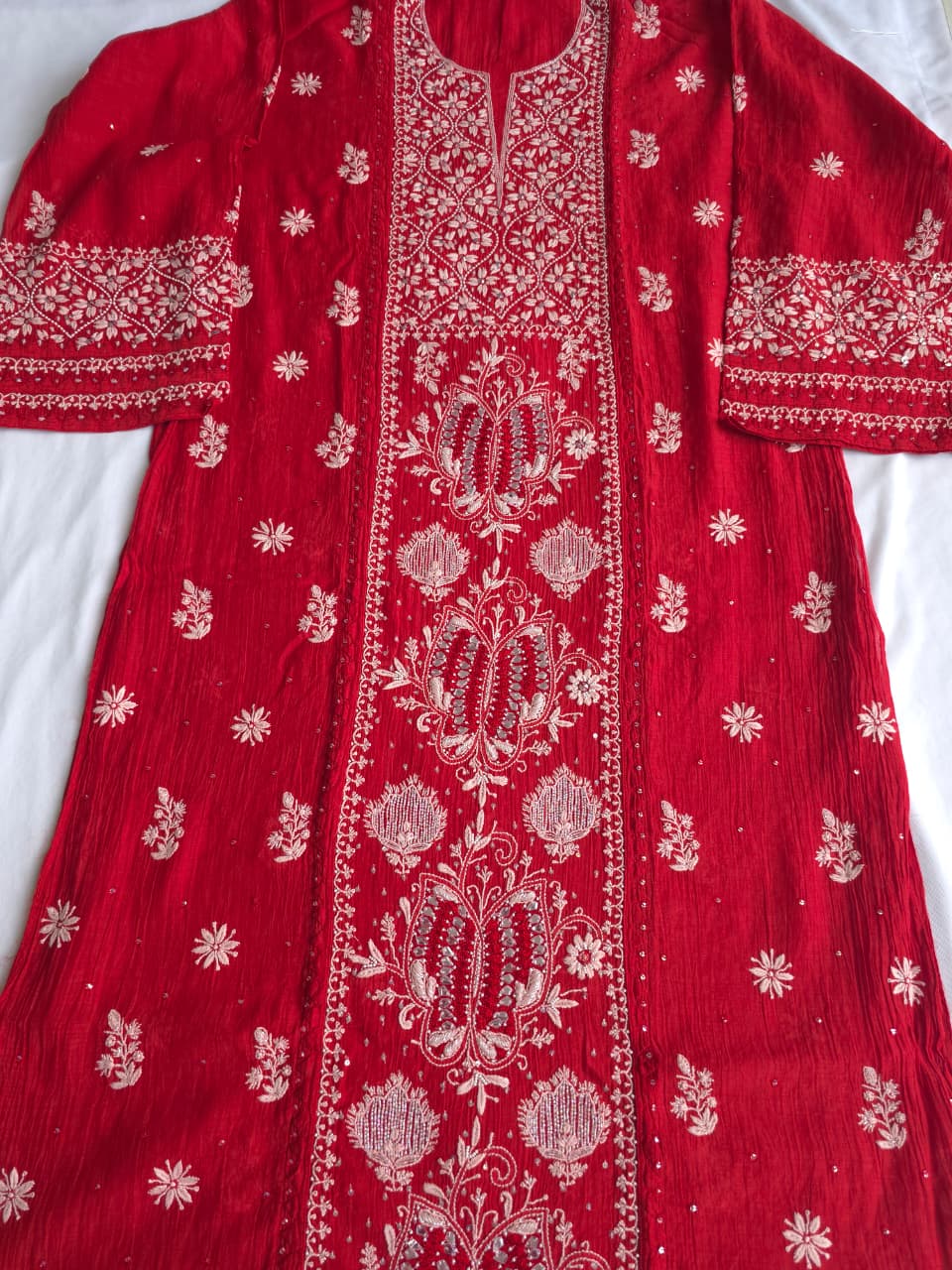 Deep Blood Red Semistitched Mul chanderi kurta dupatta with Butterfly motifs