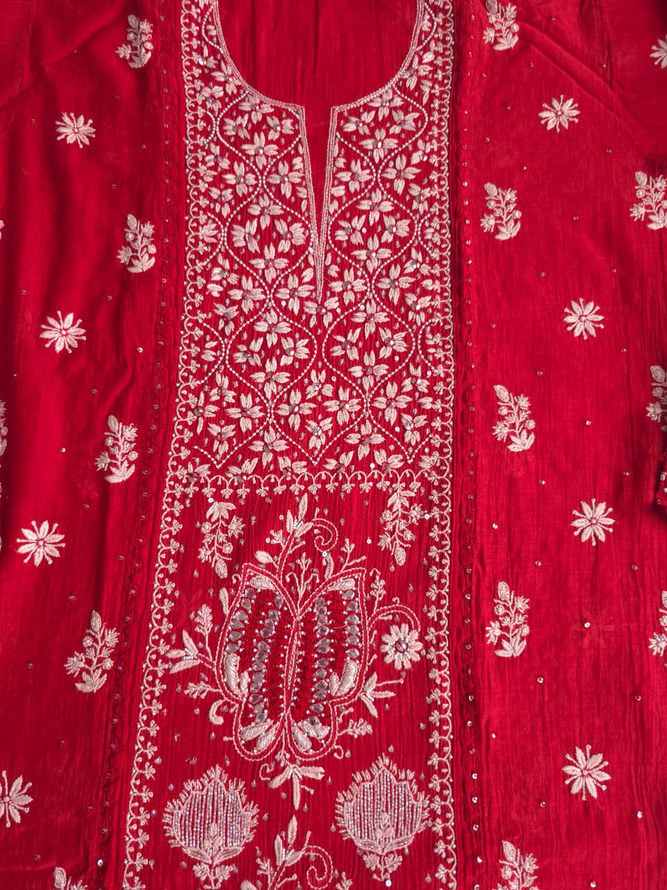 Deep Blood Red Semistitched Mul chanderi kurta dupatta with Butterfly motifs