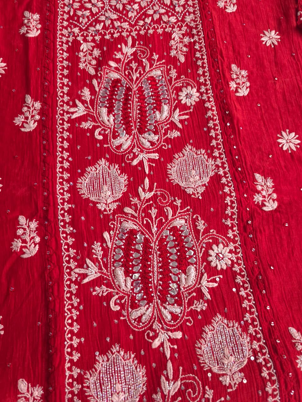 Deep Blood Red Semistitched Mul chanderi kurta dupatta with Butterfly motifs