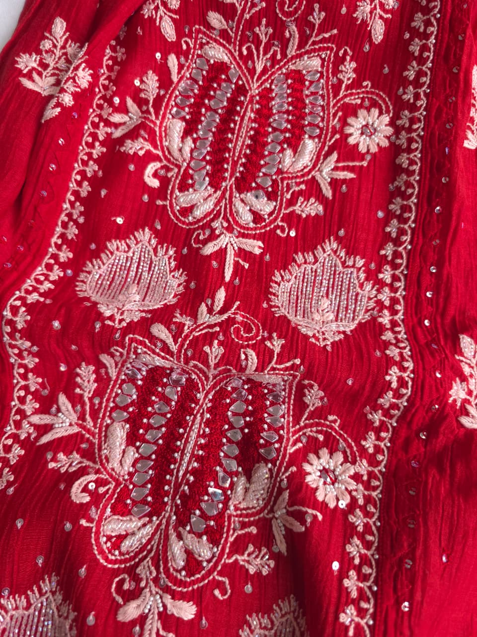 Deep Blood Red Semistitched Mul chanderi kurta dupatta with Butterfly motifs