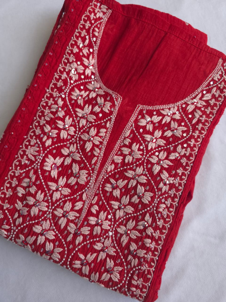Image of Deep Blood Red Semistitched Mul chanderi kurta dupatta with Butterfly motifs