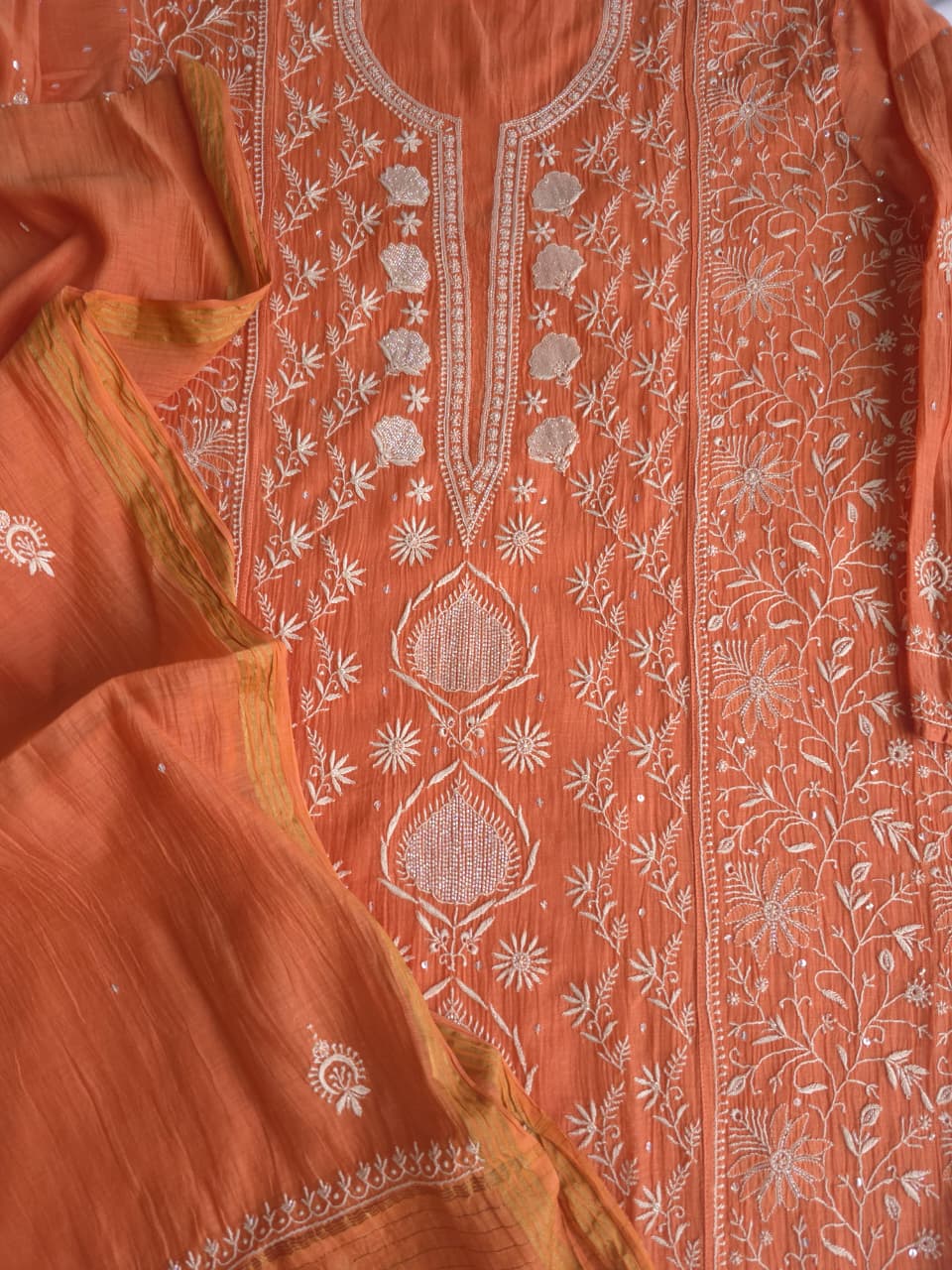 Malmal Chanderi semistitched Kurta dupatta set with jaalwork and heavy embellishment