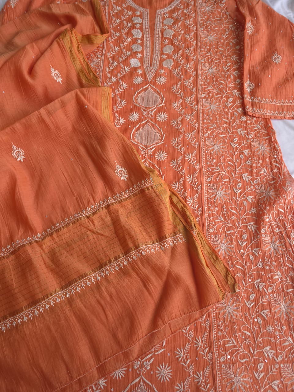 Malmal Chanderi semistitched Kurta dupatta set with jaalwork and heavy embellishment