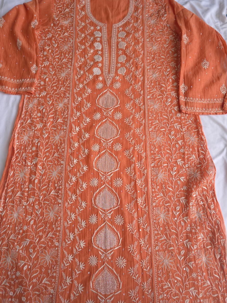 Malmal Chanderi semistitched Kurta dupatta set with jaalwork and heavy embellishment