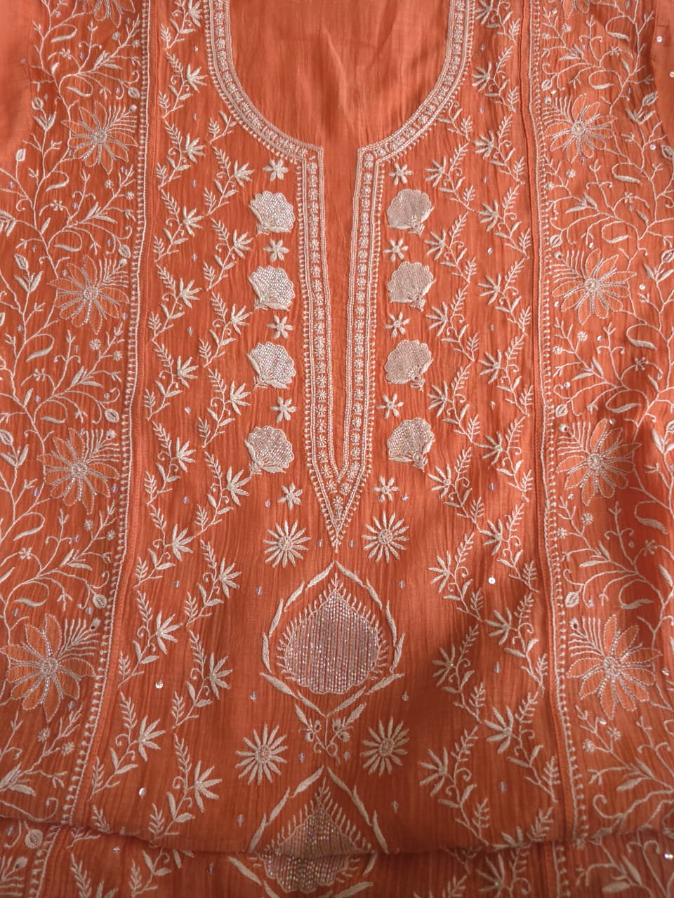 Malmal Chanderi semistitched Kurta dupatta set with jaalwork and heavy embellishment