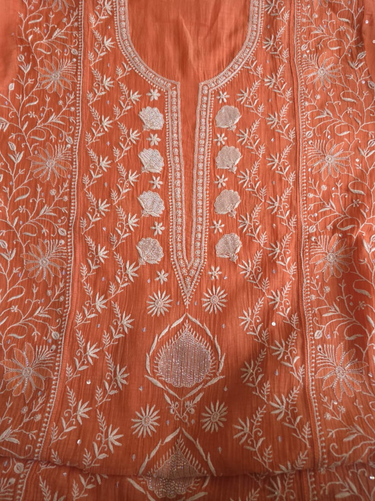 Image of Malmal Chanderi semistitched Kurta dupatta set with jaalwork and heavy embellishment