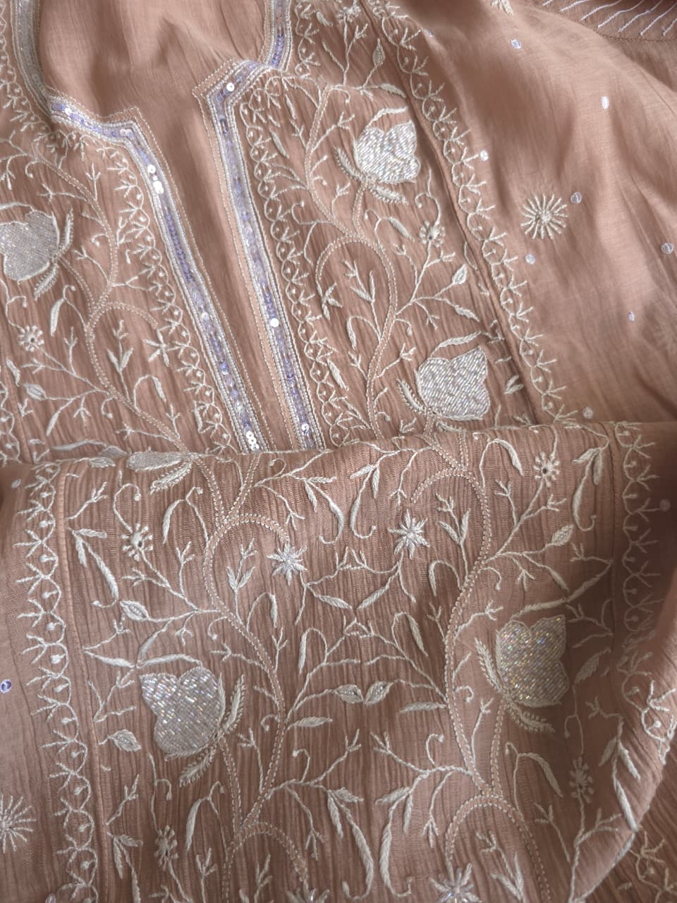 Light Brown Semistitched kurta dupatta with finesh handwork and embellishments