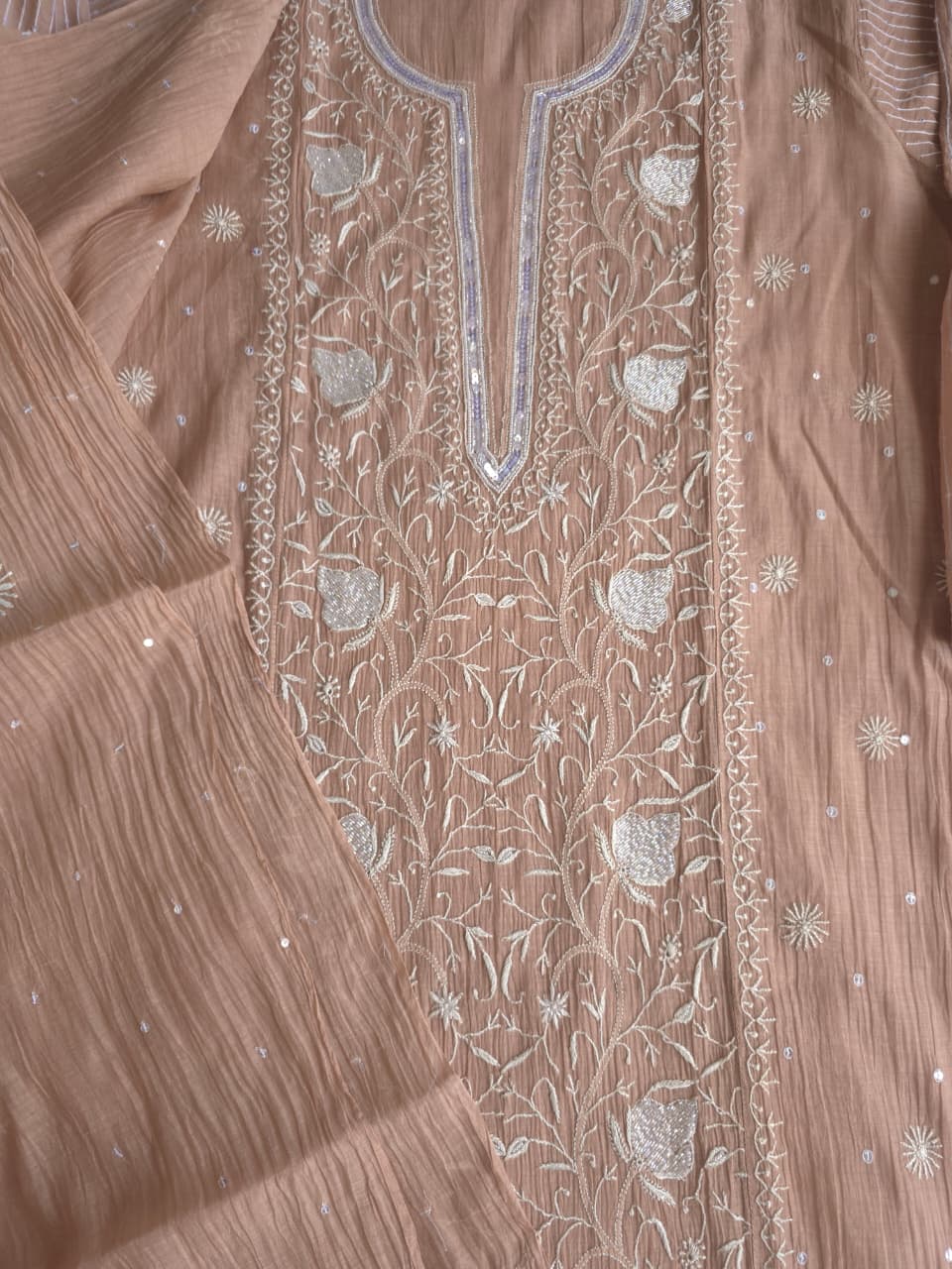 Light Brown Semistitched kurta dupatta with finesh handwork and embellishments