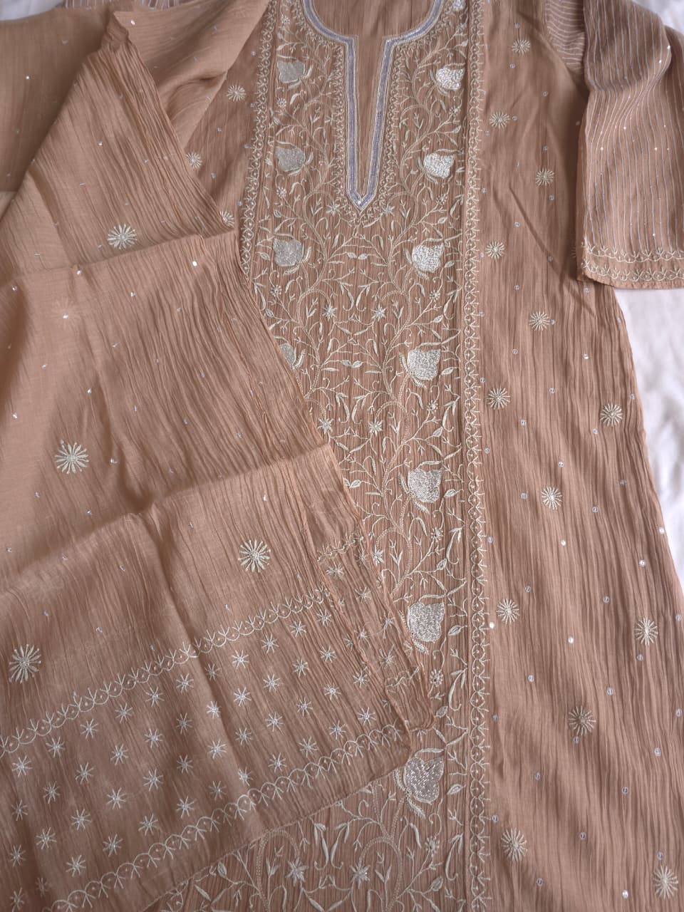 Light Brown Semistitched kurta dupatta with finesh handwork and embellishments