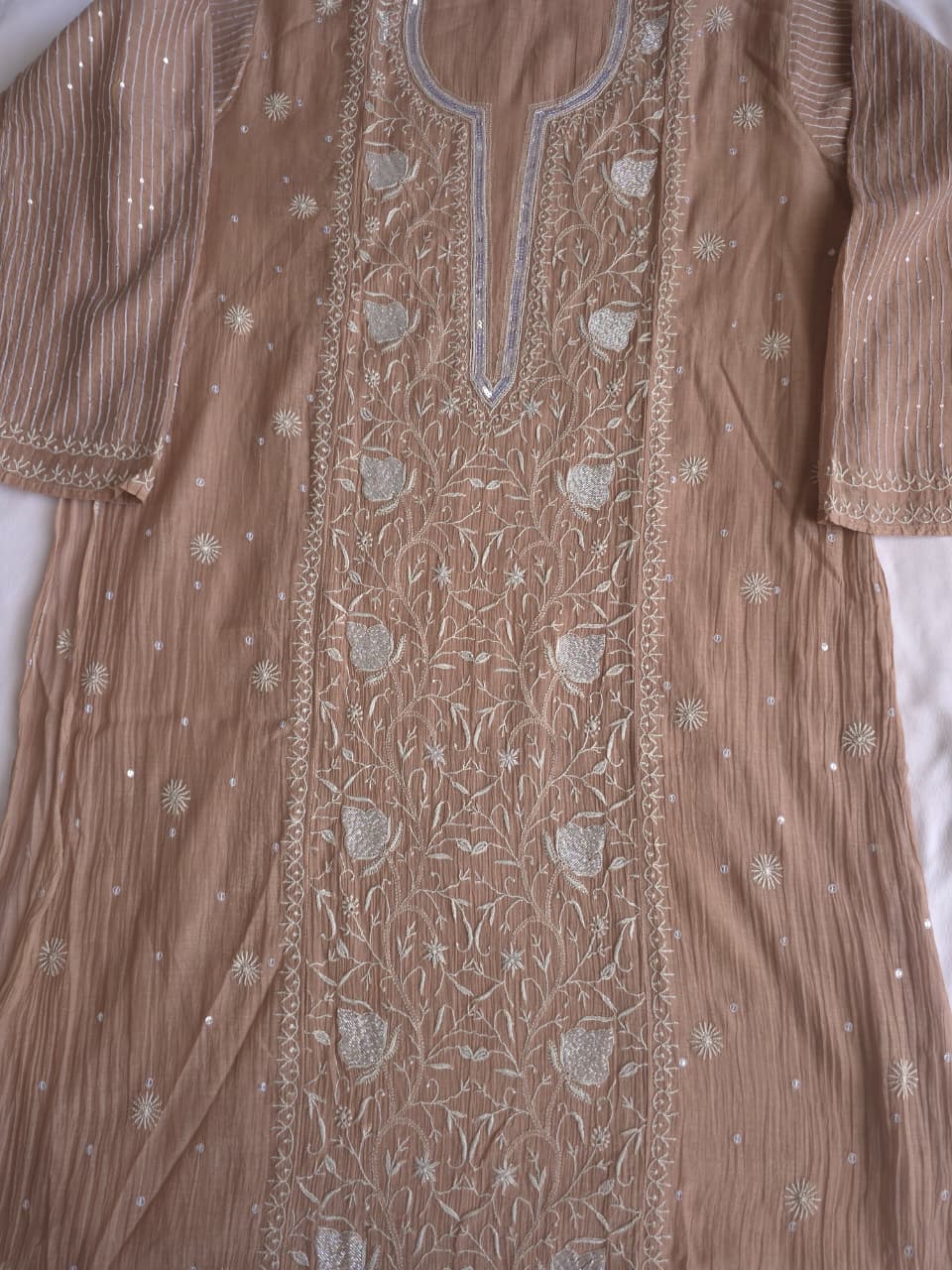 Light Brown Semistitched kurta dupatta with finesh handwork and embellishments