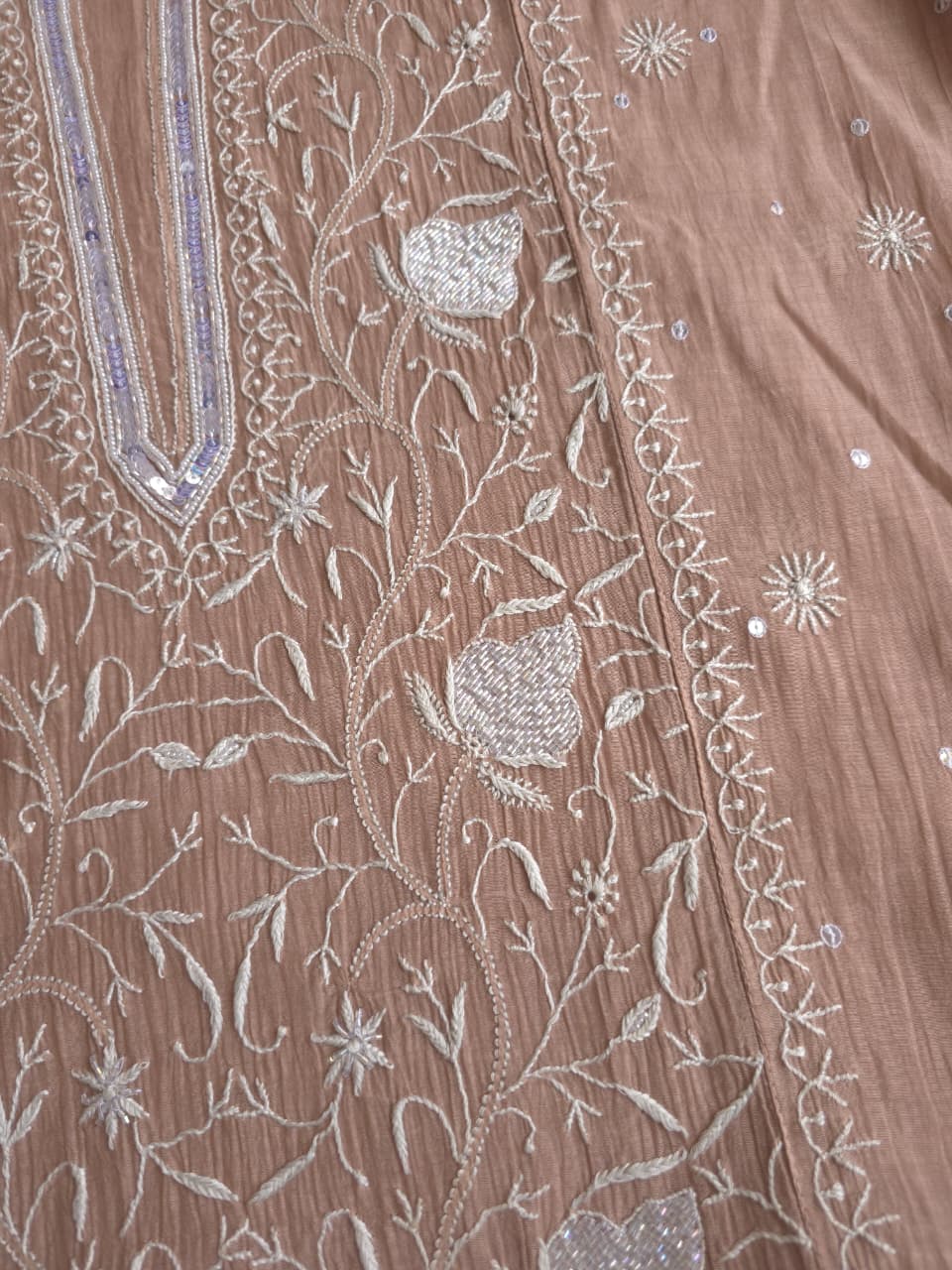 Light Brown Semistitched kurta dupatta with finesh handwork and embellishments