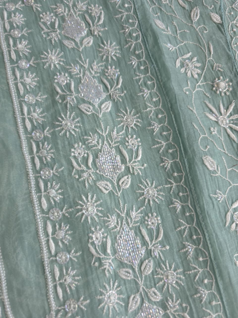 Pastel Sage Green Semistitched Kurta dupatta with extremely fine handwork and add on