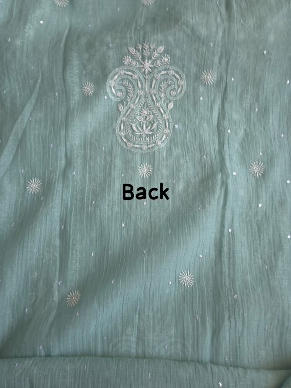 Pastel Sage Green Semistitched Kurta dupatta with extremely fine handwork and add on