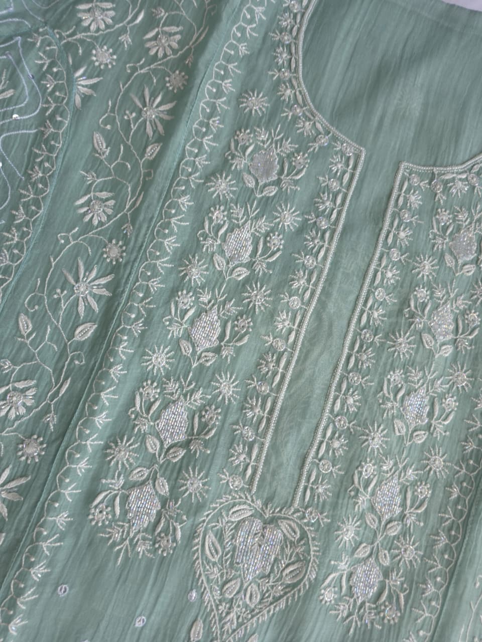 Pastel Sage Green Semistitched Kurta dupatta with extremely fine handwork and add on