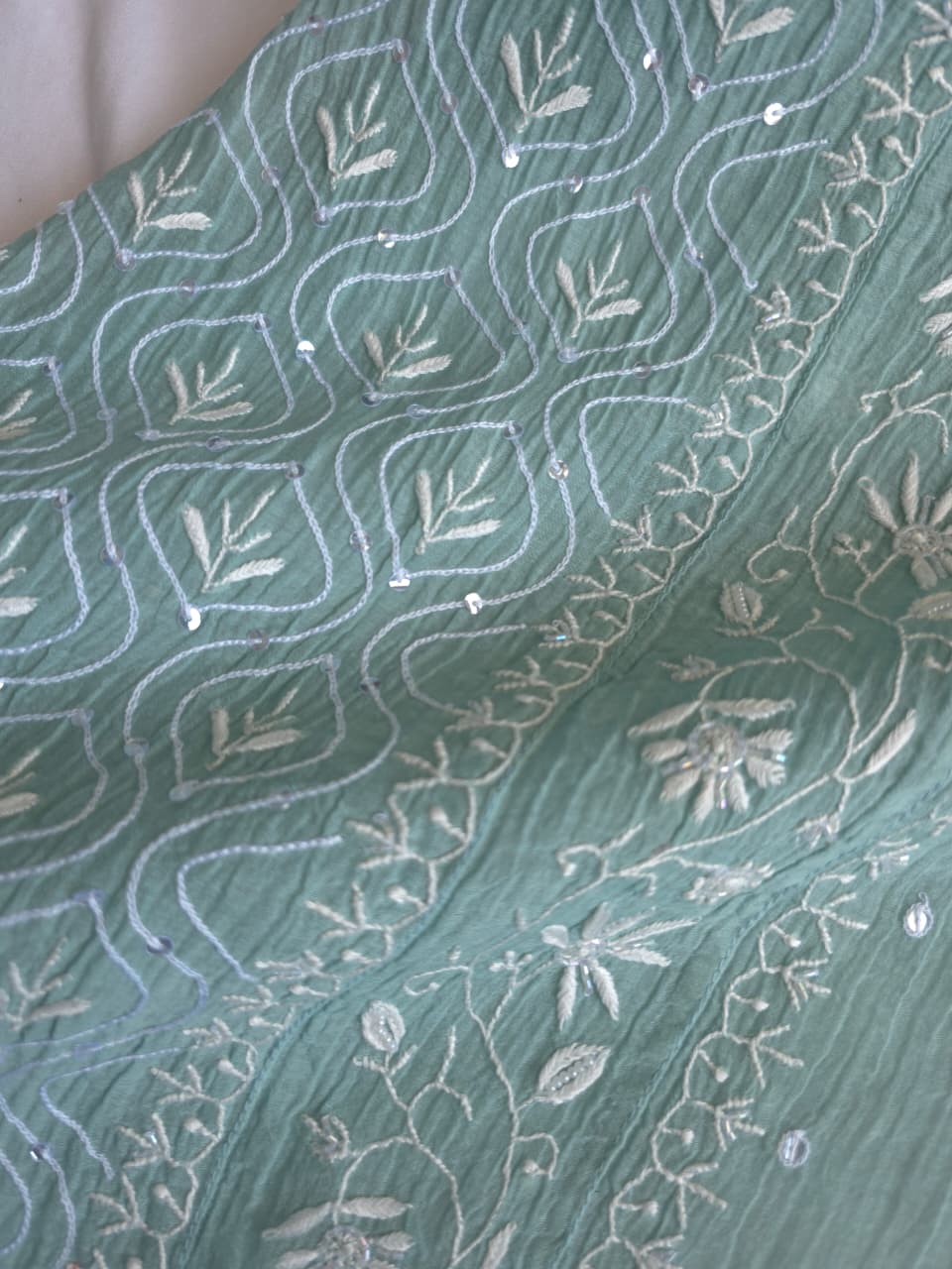 Pastel Sage Green Semistitched Kurta dupatta with extremely fine handwork and add on