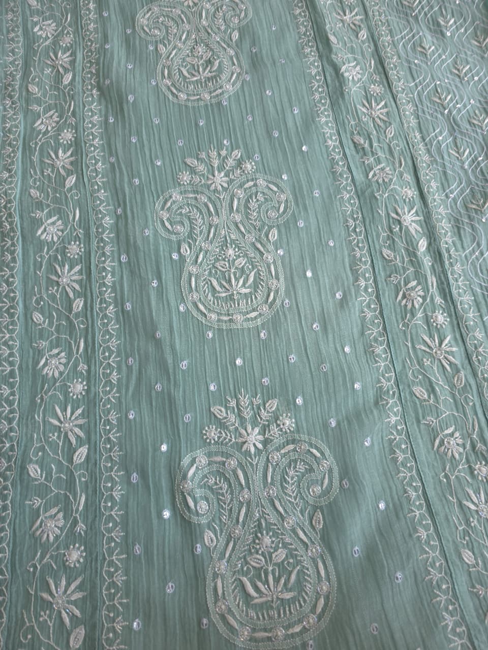 Pastel Sage Green Semistitched Kurta dupatta with extremely fine handwork and add on