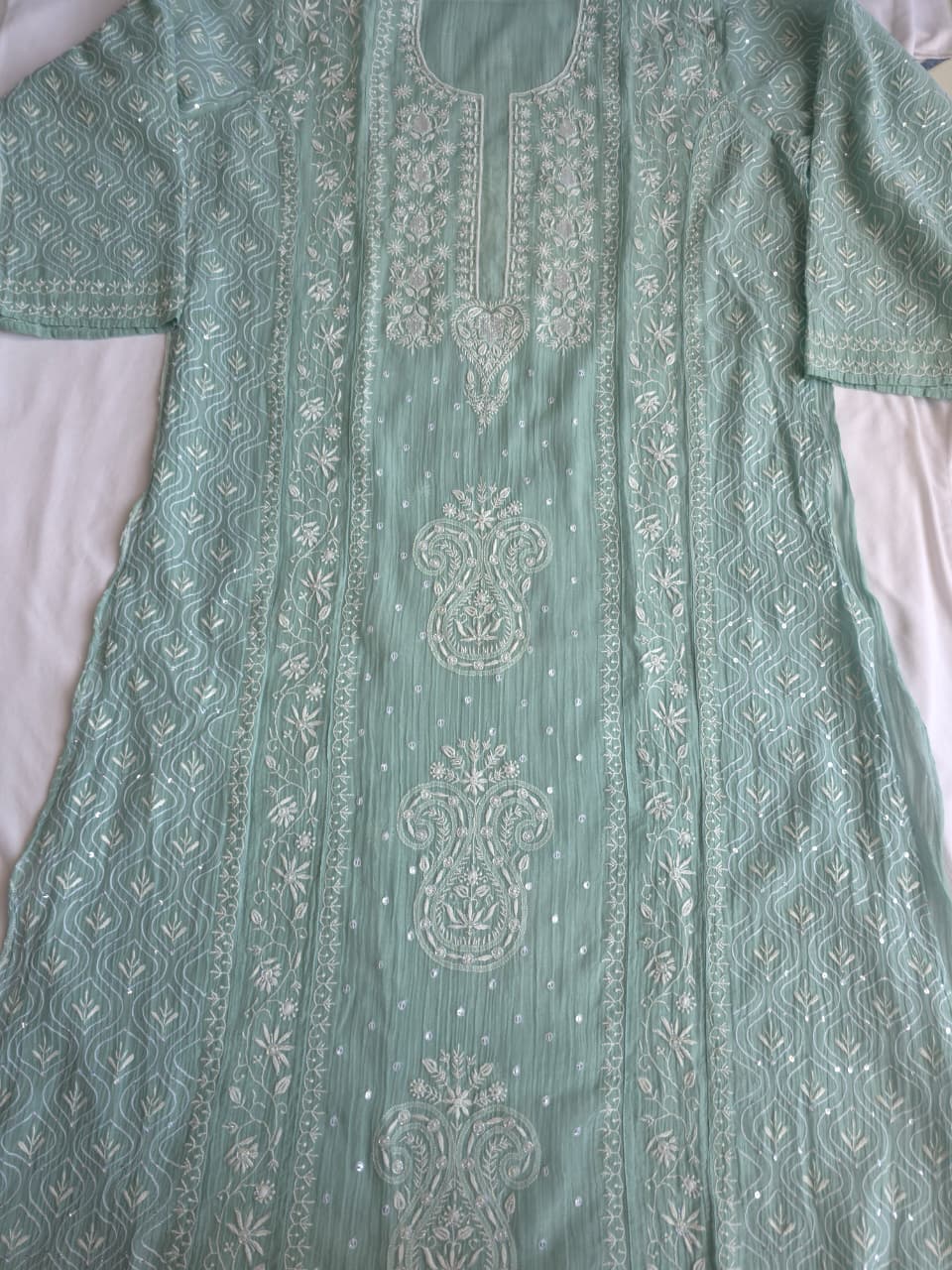 Pastel Sage Green Semistitched Kurta dupatta with extremely fine handwork and add on