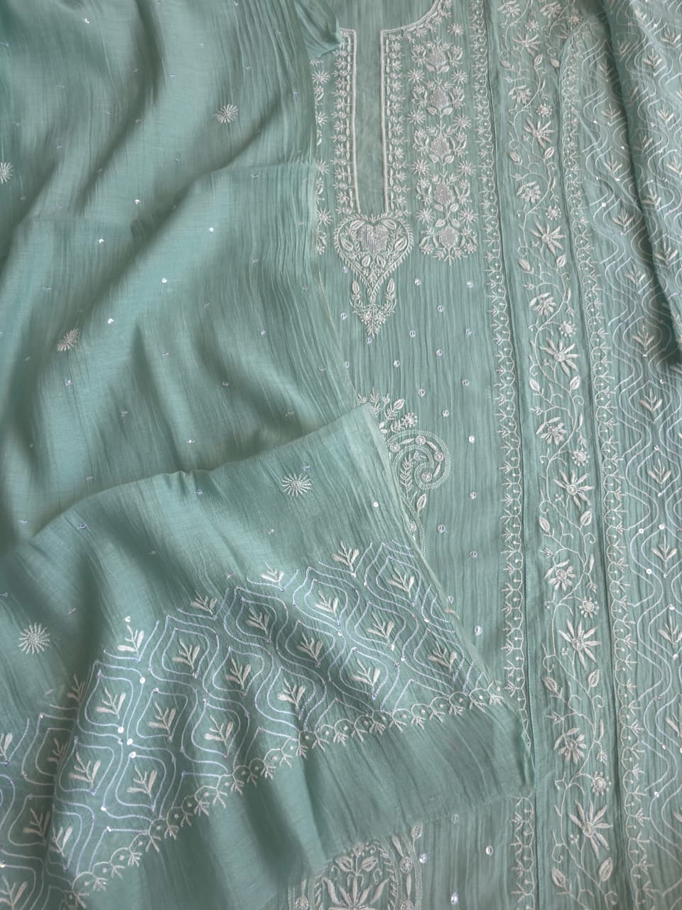 Pastel Sage Green Semistitched Kurta dupatta with extremely fine handwork and add on