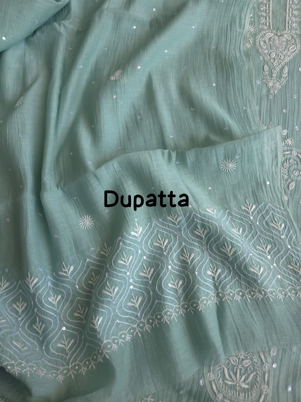 Pastel Sage Green Semistitched Kurta dupatta with extremely fine handwork and add on
