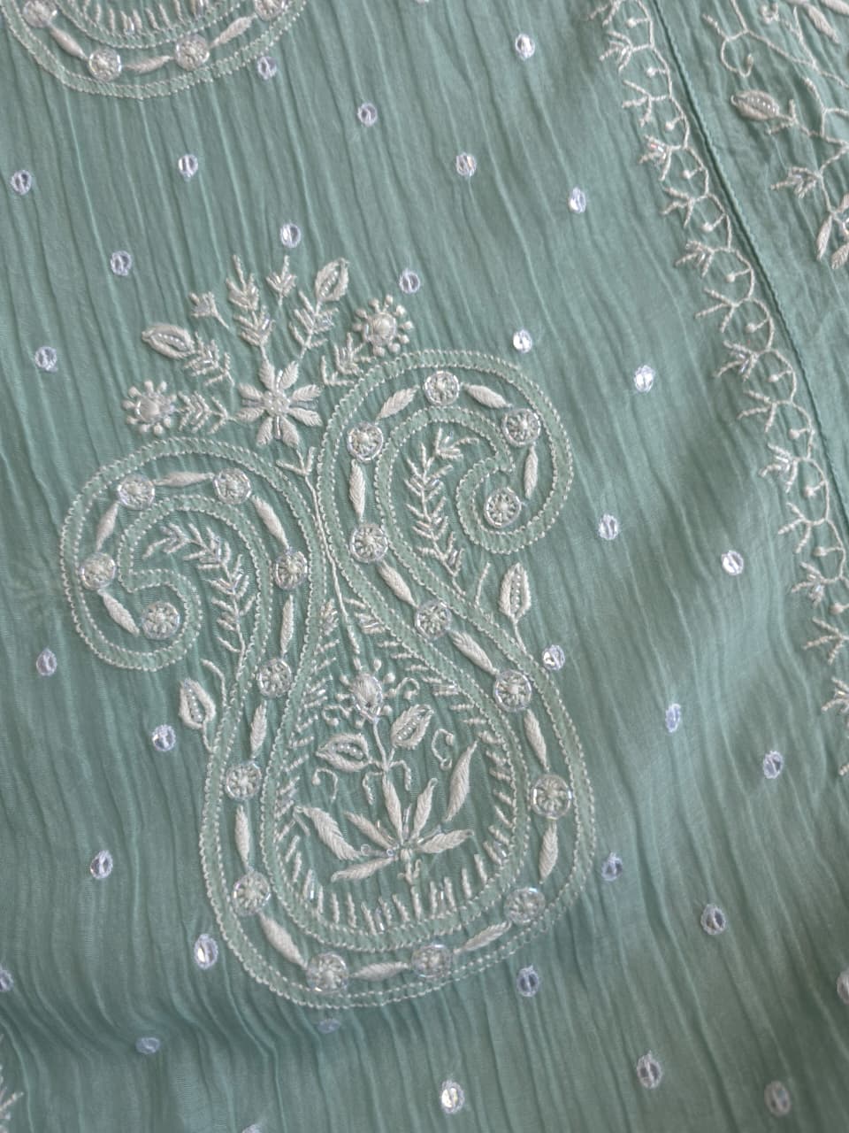 Pastel Sage Green Semistitched Kurta dupatta with extremely fine handwork and add on