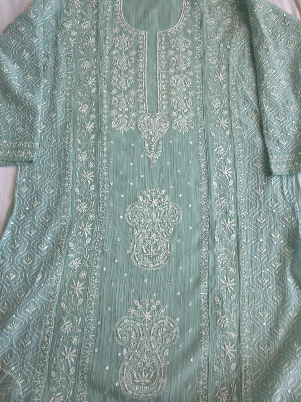 Pastel Sage Green Semistitched Kurta dupatta with extremely fine handwork and add on