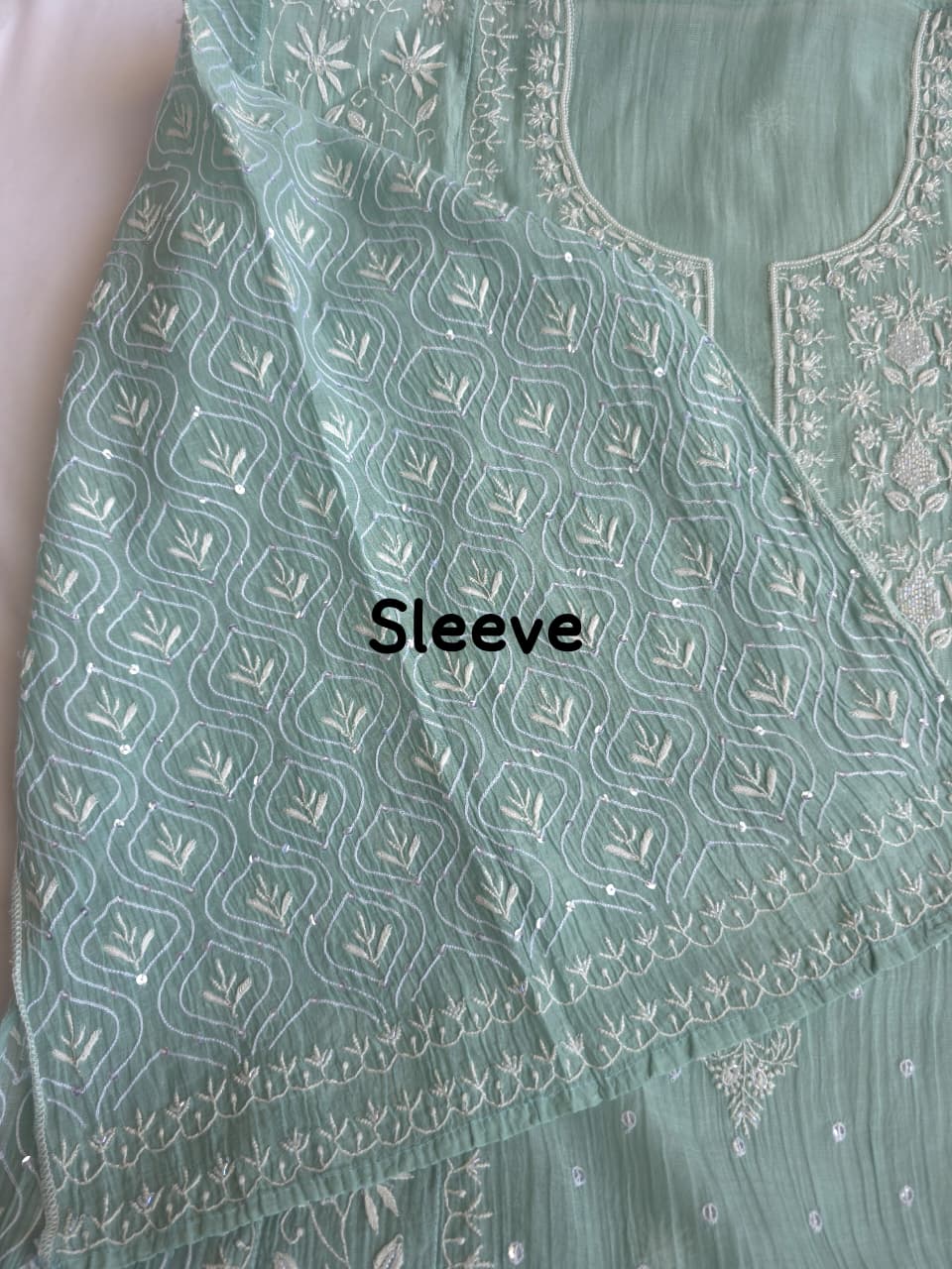 Pastel Sage Green Semistitched Kurta dupatta with extremely fine handwork and add on