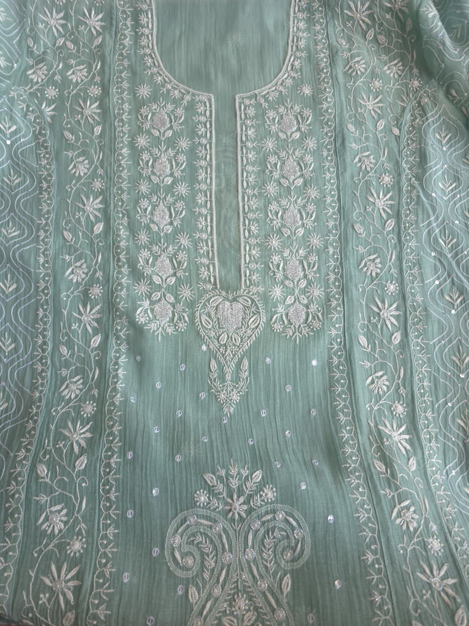 Pastel Sage Green Semistitched Kurta dupatta with extremely fine handwork and add on