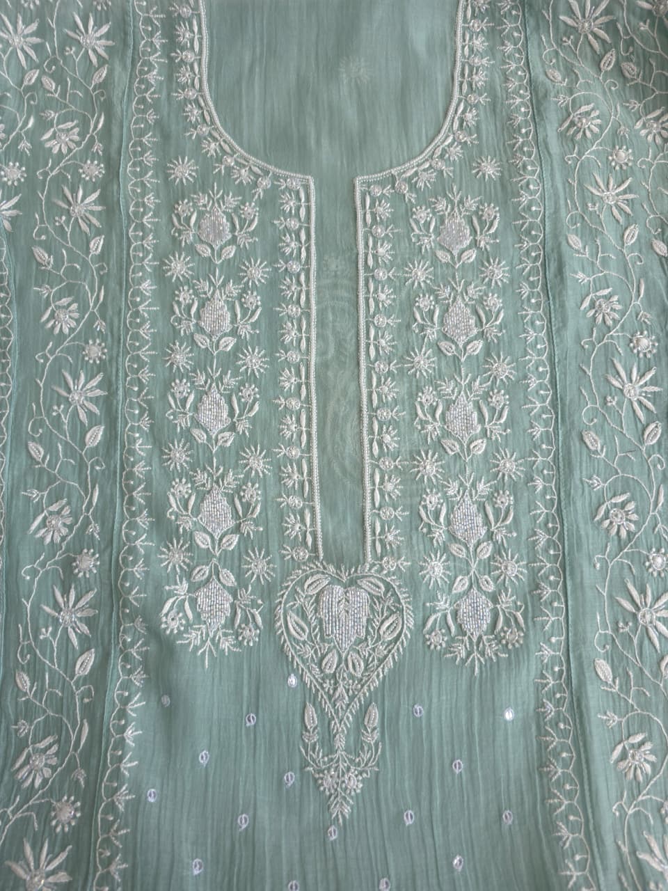 Pastel Sage Green Semistitched Kurta dupatta with extremely fine handwork and add on