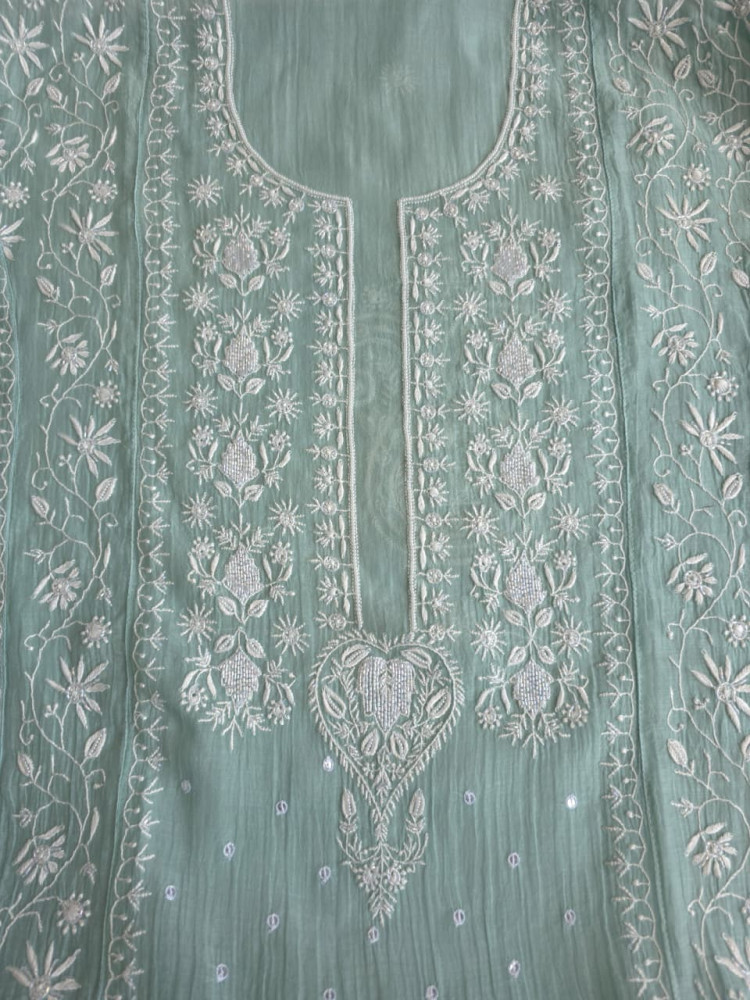 Image of Pastel Sage Green Semistitched Kurta dupatta with extremely fine handwork and add on
