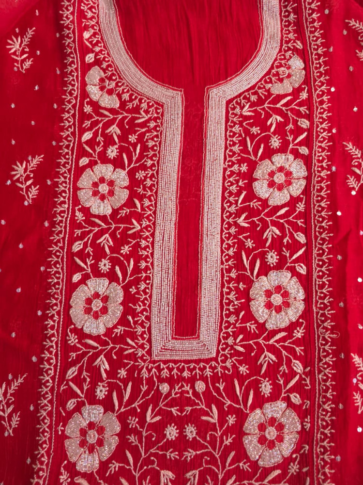 Image of Red Mal chanderi semistitched kurta &amp; dupatta with exqusite chikankari and embellishments
