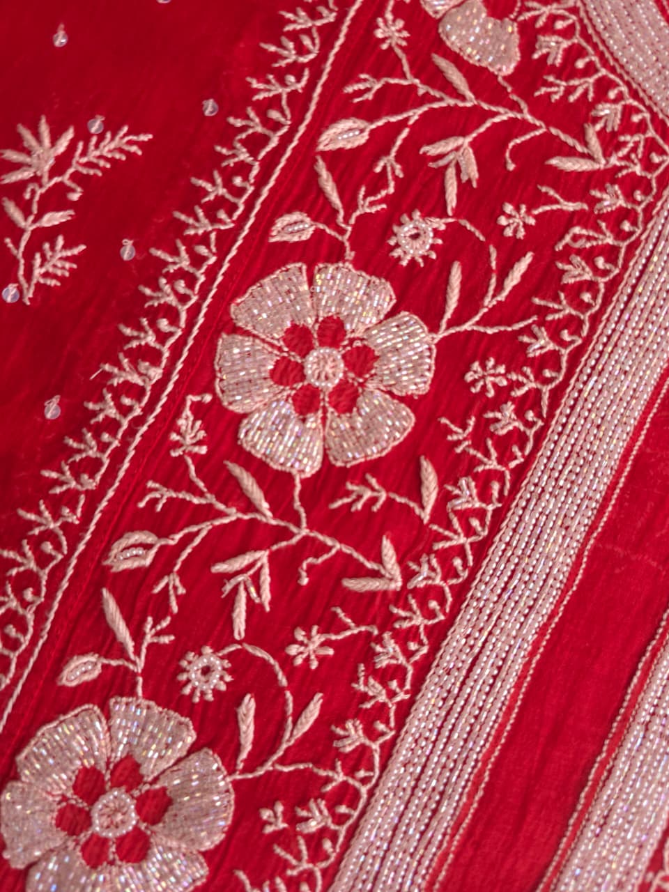 Red Mal chanderi semistitched kurta dupatta with exqusite chikankari and embellishments