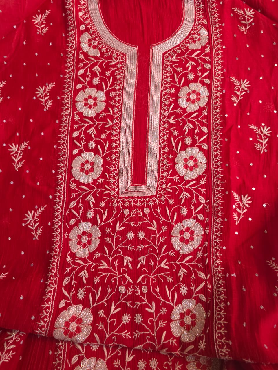 Red Mal chanderi semistitched kurta dupatta with exqusite chikankari and embellishments