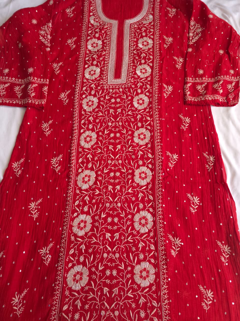 Red Mal chanderi semistitched kurta dupatta with exqusite chikankari and embellishments