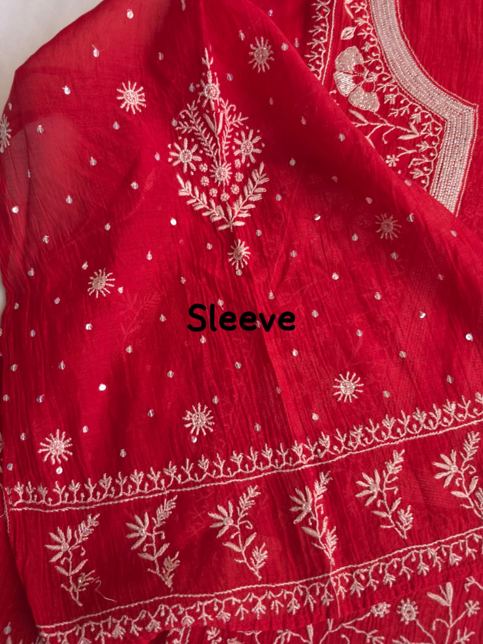 Red Mal chanderi semistitched kurta dupatta with exqusite chikankari and embellishments