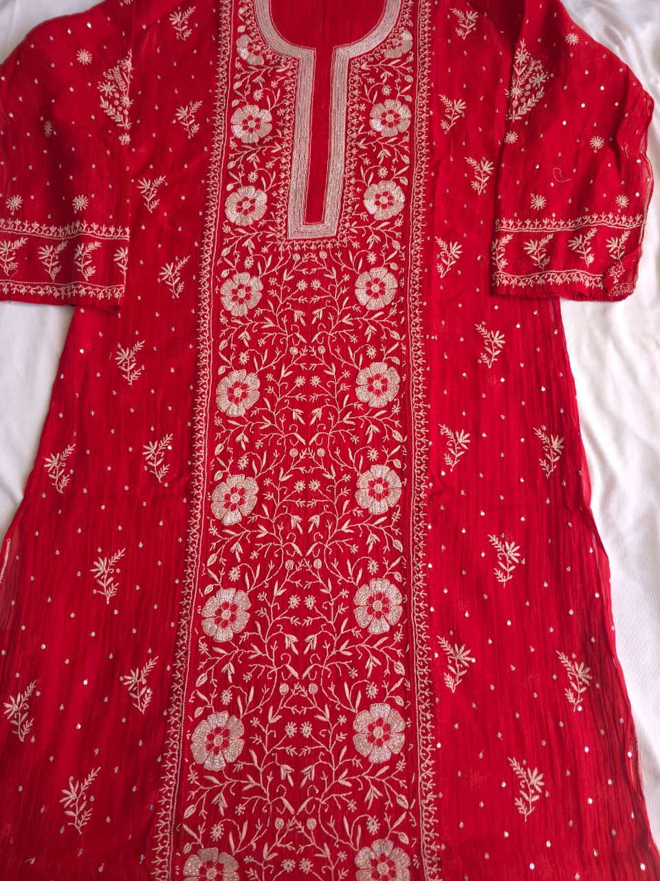 Red Mal chanderi semistitched kurta dupatta with exqusite chikankari and embellishments