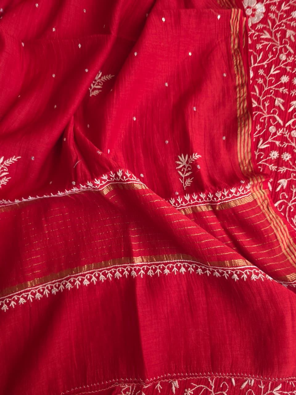 Red Mal chanderi semistitched kurta dupatta with exqusite chikankari and embellishments