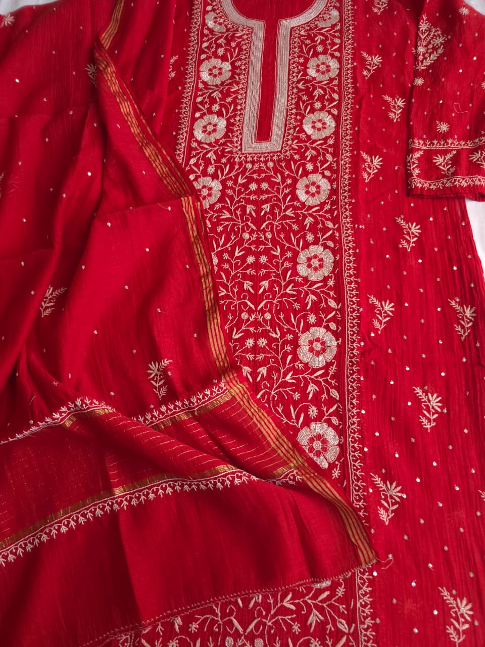 Red Mal chanderi semistitched kurta dupatta with exqusite chikankari and embellishments