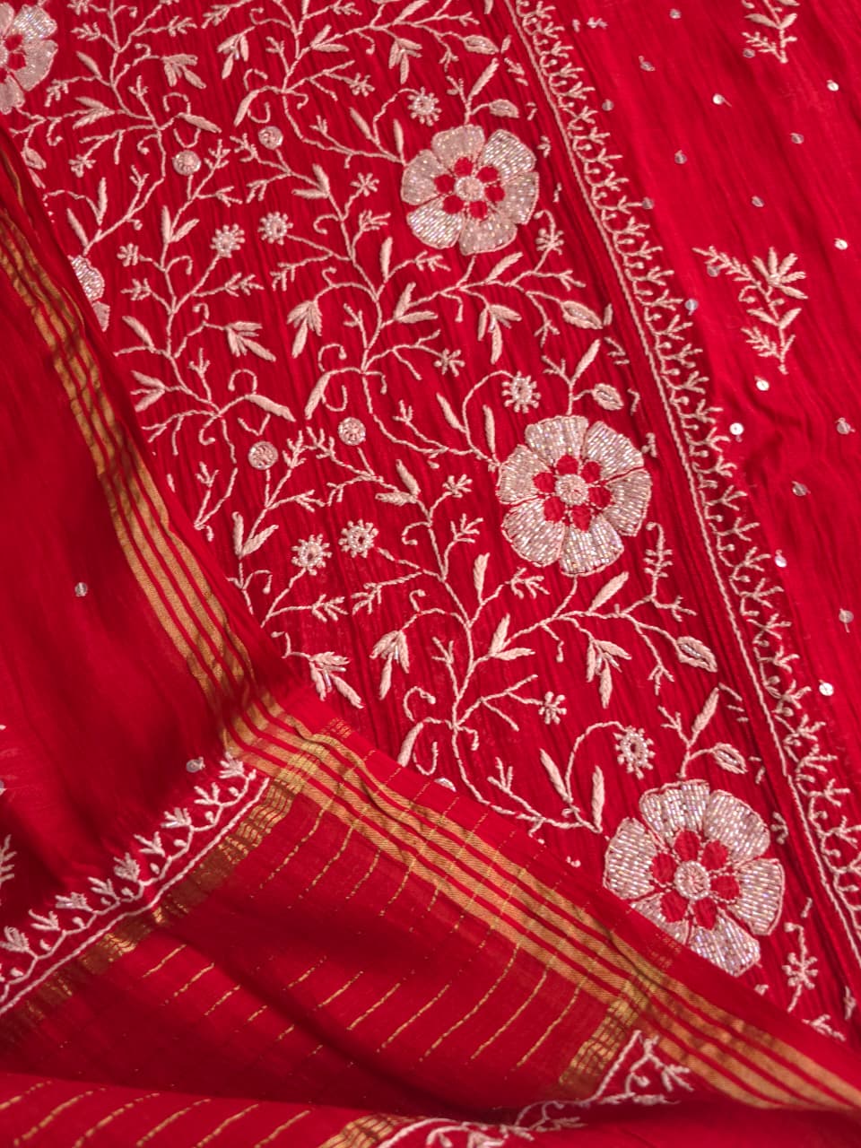 Red Mal chanderi semistitched kurta dupatta with exqusite chikankari and embellishments