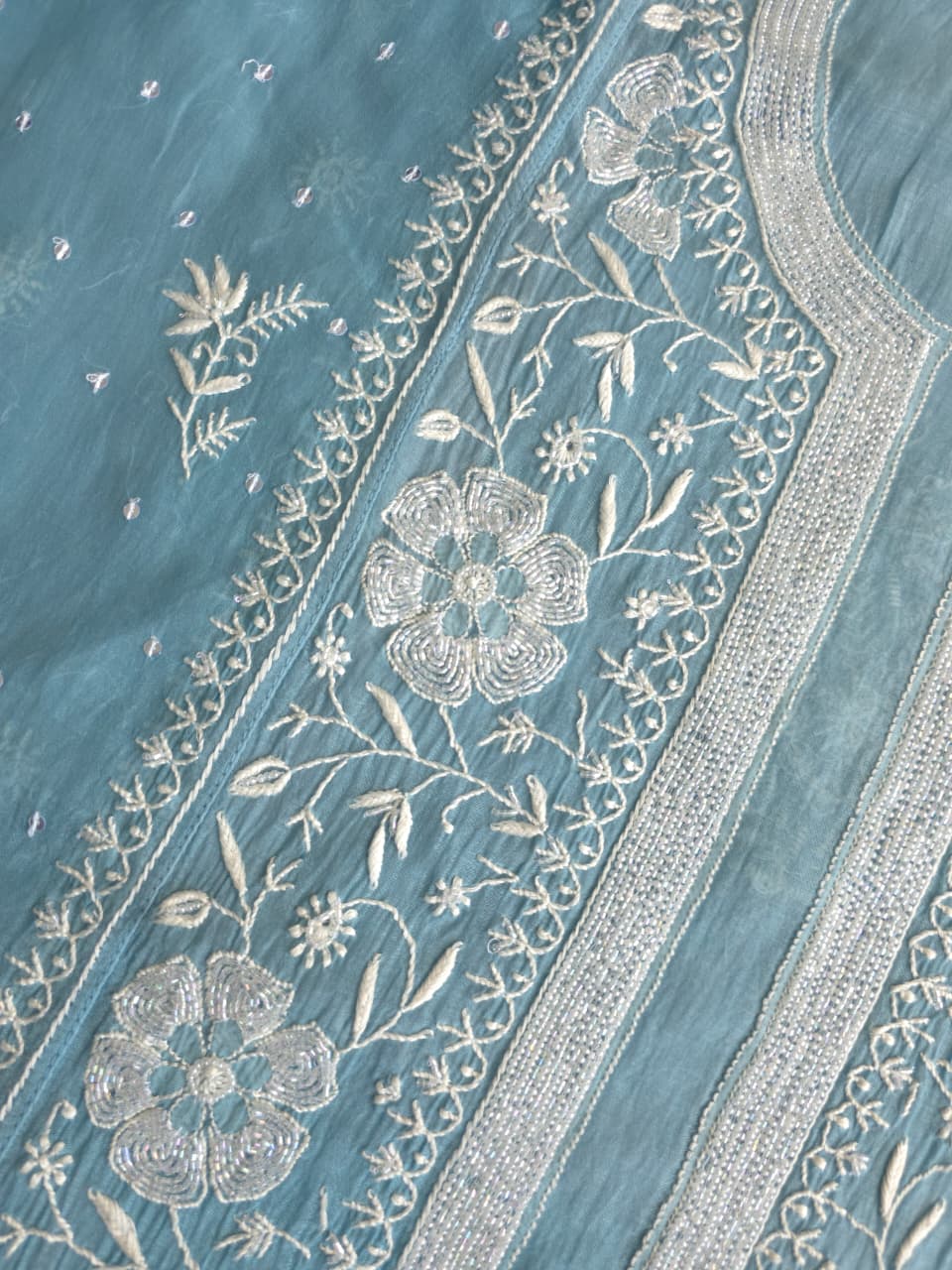 Piegon Blue Mal chanderi Semistitched kurta dupatta set with exquisite chikankari