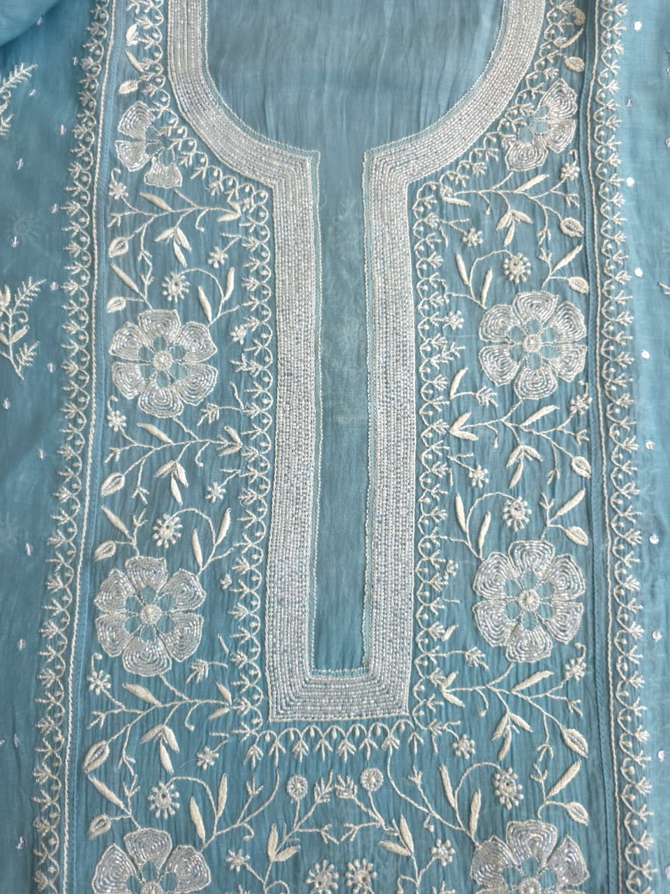 Piegon Blue Mal chanderi Semistitched kurta dupatta set with exquisite chikankari