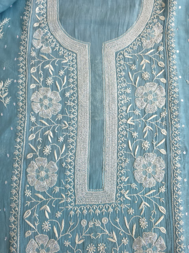Image of Piegon Blue Mal chanderi Semistitched kurta dupatta set with exquisite chikankari