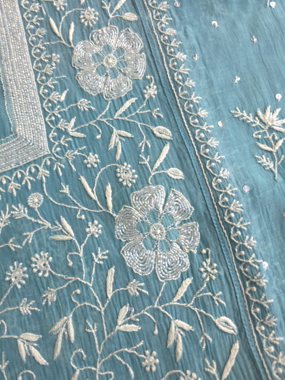 Piegon Blue Mal chanderi Semistitched kurta dupatta set with exquisite chikankari