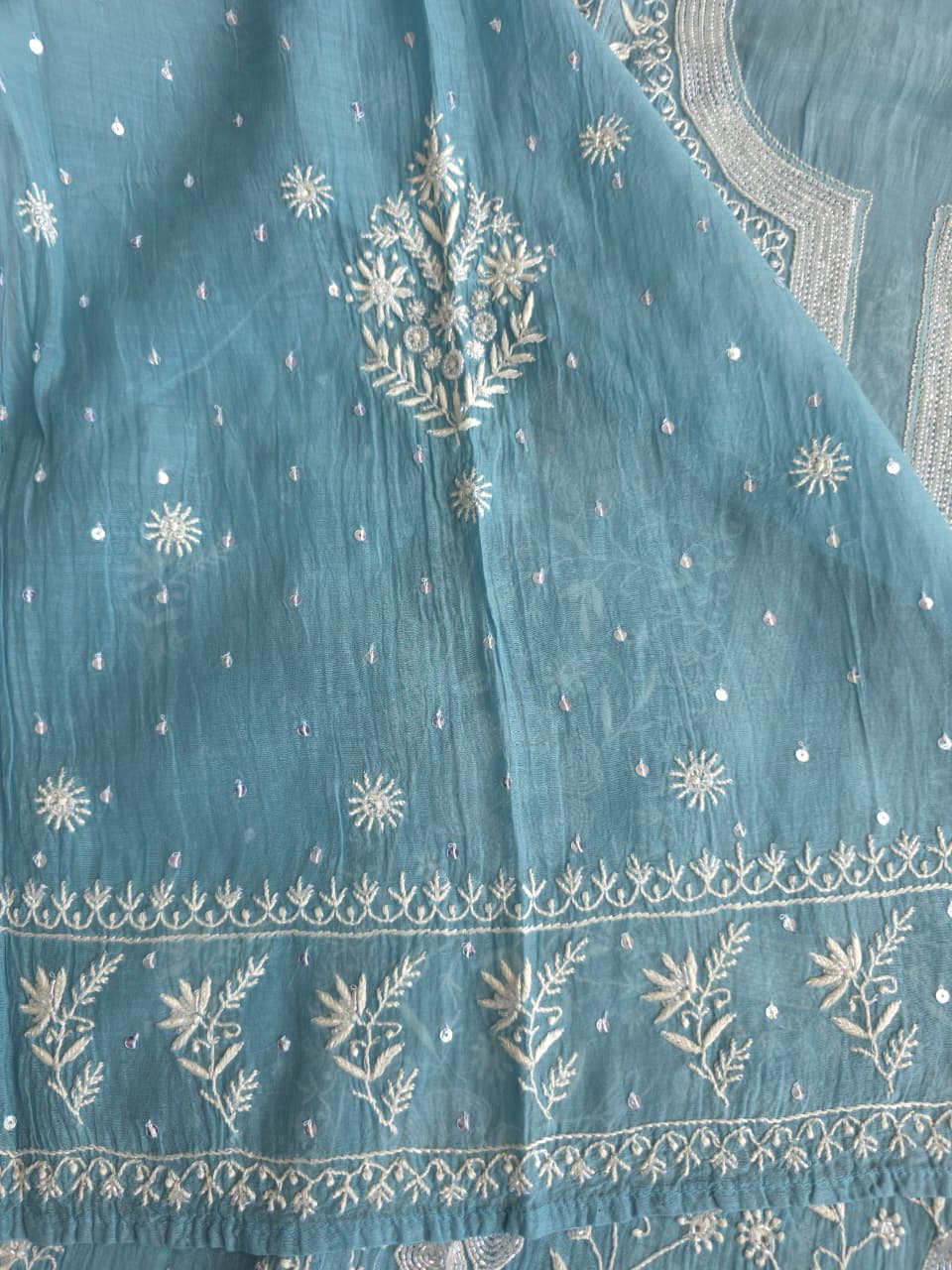 Piegon Blue Mal chanderi Semistitched kurta dupatta set with exquisite chikankari