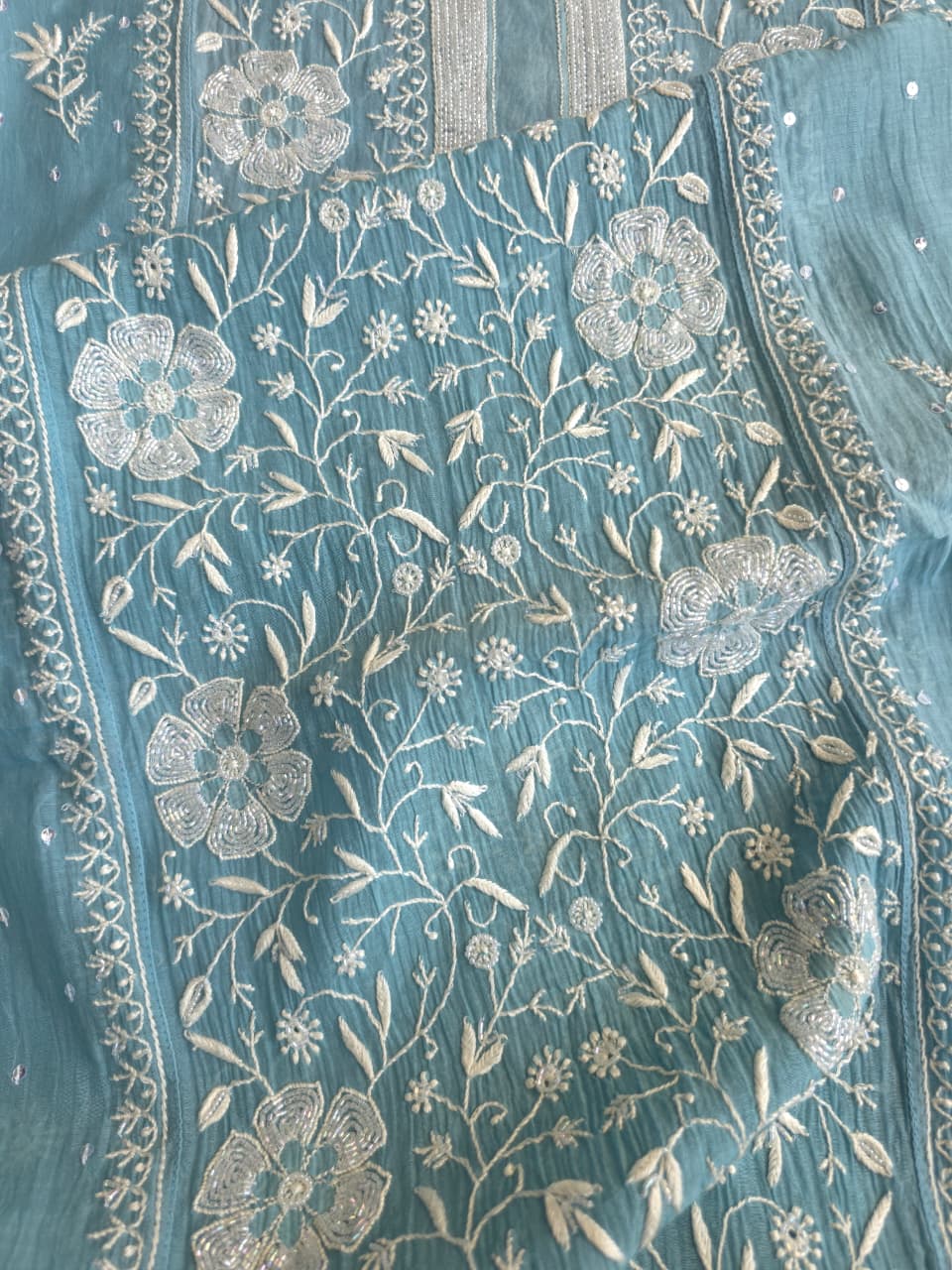 Piegon Blue Mal chanderi Semistitched kurta dupatta set with exquisite chikankari