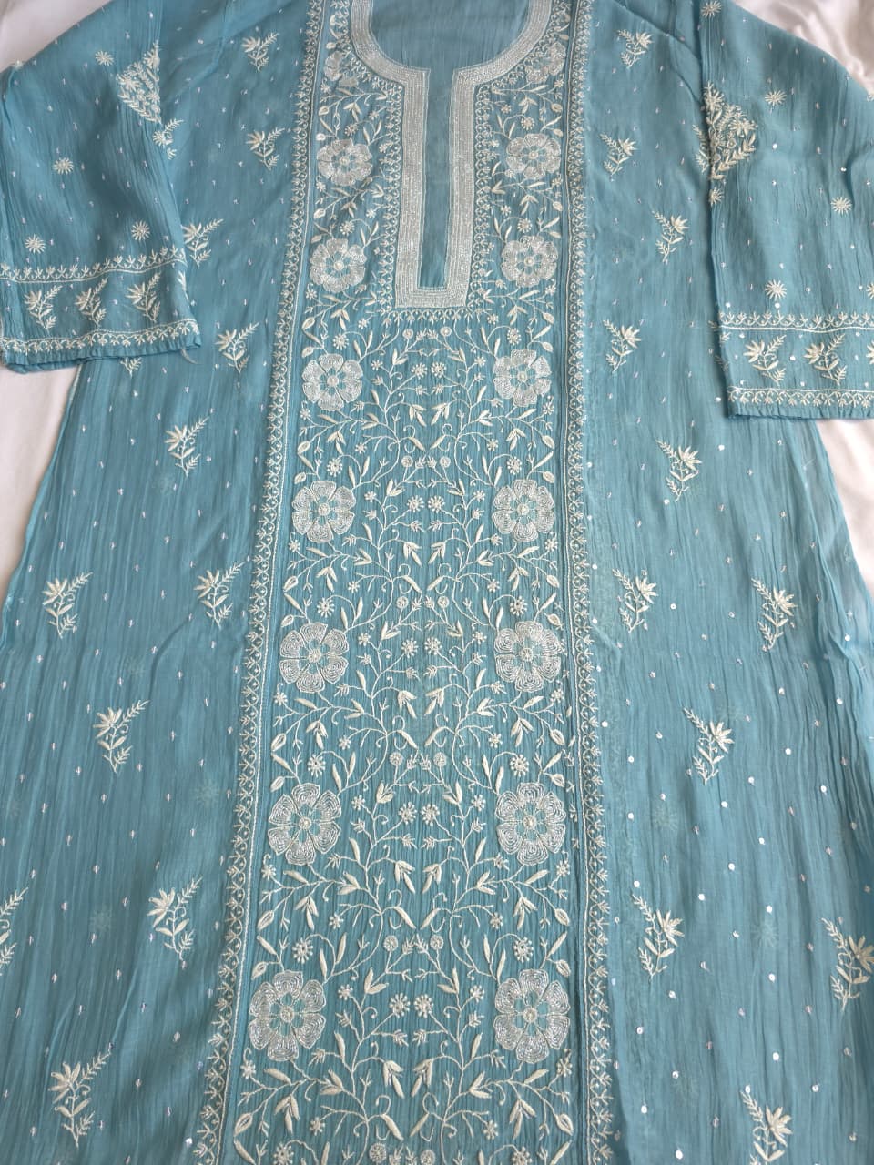 Piegon Blue Mal chanderi Semistitched kurta dupatta set with exquisite chikankari