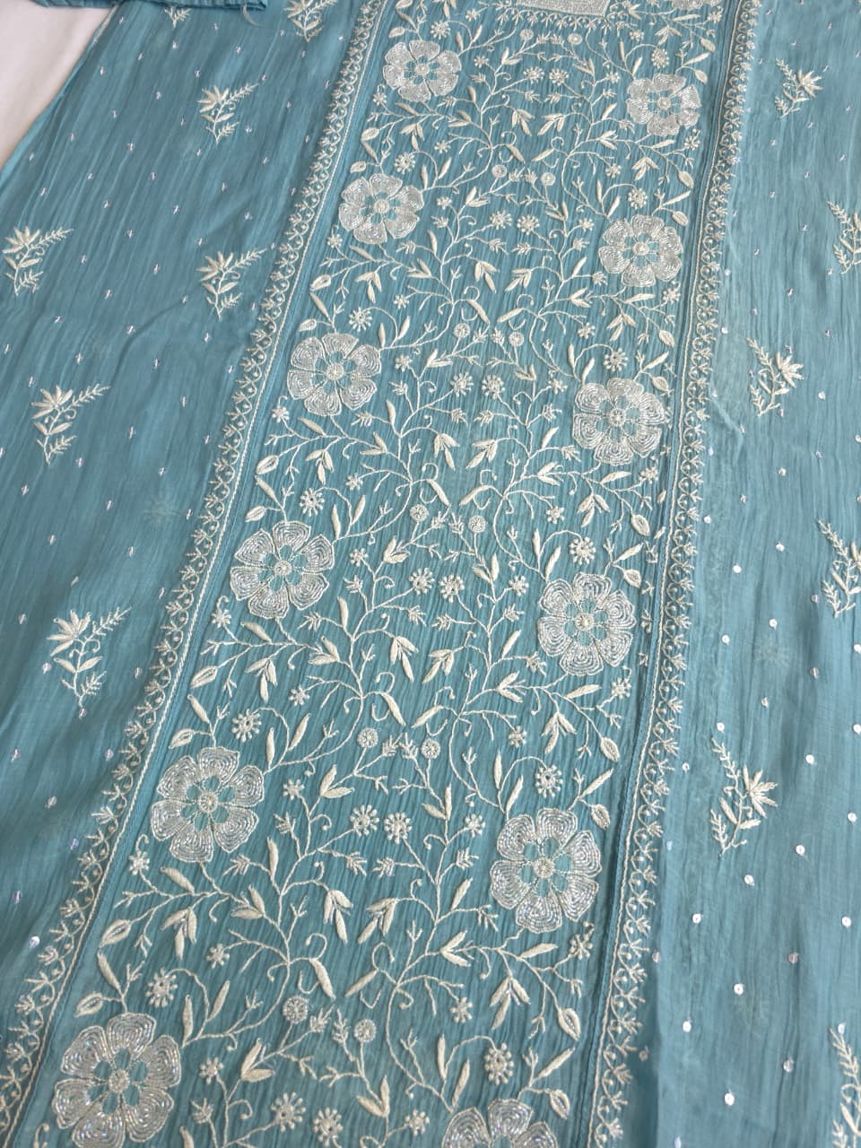 Piegon Blue Mal chanderi Semistitched kurta dupatta set with exquisite chikankari